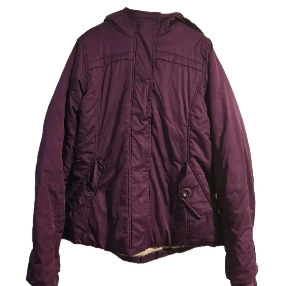 LANDS' END GIRLS SHERPA LINED HOODED JACKET 10-12YEARS EGGPLANT SNOW COLDWEATHER